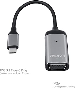 TWOPAN USB C Hub to VGA Adapter Type-C Hub with VGA Converter with Aluminum Case,for Projector, Monitor,MacBook Pro/Mini/Air, XPs, Yoga, Chromebook/T9-V