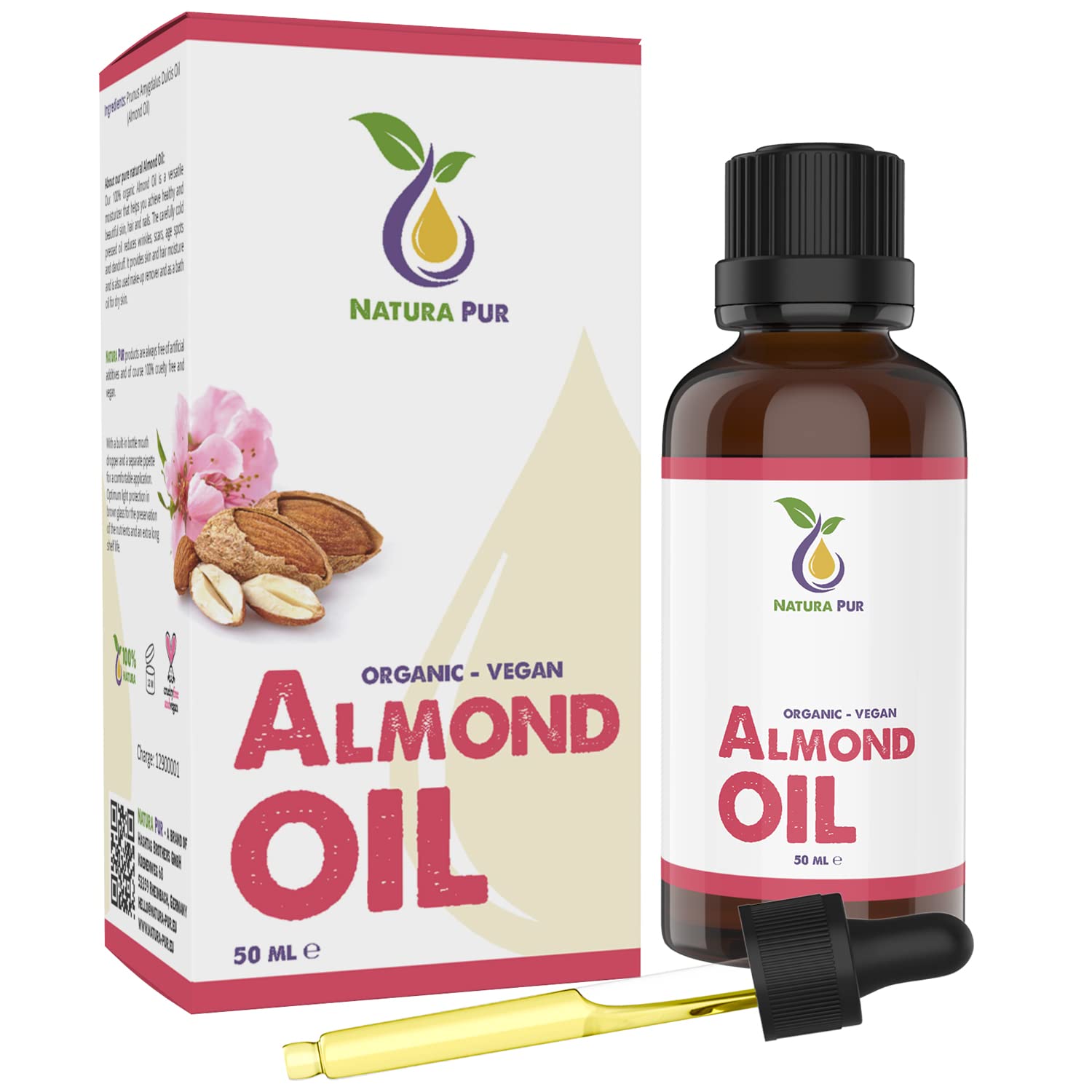 Almond Oil Sweet Organic 50 ml - 100% Native, Cold Pressed, Vegan, in Glass Bottle - Anti-Ageing Serum for Face, Anti-Wrinkles, Body, Hair, Skin, Hands, Nails - Natural Base Oil