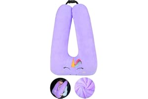 MissSoul Kids Travel Pillow for Car Seat with Hand Muff, Cartoon Neck & Headrest Seat Belt Pillow for Car Road Trips Long-Distance Travel Sleeping Pillow for Adults and Children, Purple Unicorn
