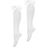 Teaaha White Knee High Socks with Bow, Women's Soft Solid Lace Thigh High Stocks Cotton Sock Lovely and Cute Lace Ruffle Bow Girls Princess Sock over the Knee Tube Socks Thigh Stockings