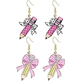 Teacher Earrings for Women Cute Acrylic Wooden Bow Pencil Earrings Back to School Earrings Teacher Appreciation Gifts