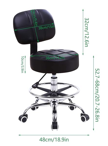 KKTONER SWIVEL ROUND ROLLING STOOL PU LEATHER WITH ADJUSTABLE FOOT REST HEIGHT ADJUSTABLE TASK WORK DRAFTING CHAIR WITH BACK (BLACK)