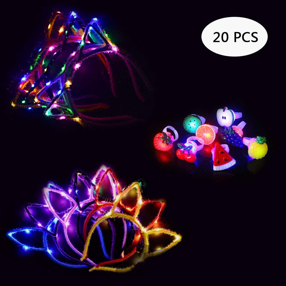 Yuccer Led Hairband Bunny Cat Ears Flashing Hair Hoop Light Up Rings Cosplay Makeup Halloween Glow Party Favor Supplies Decoration 20PCs