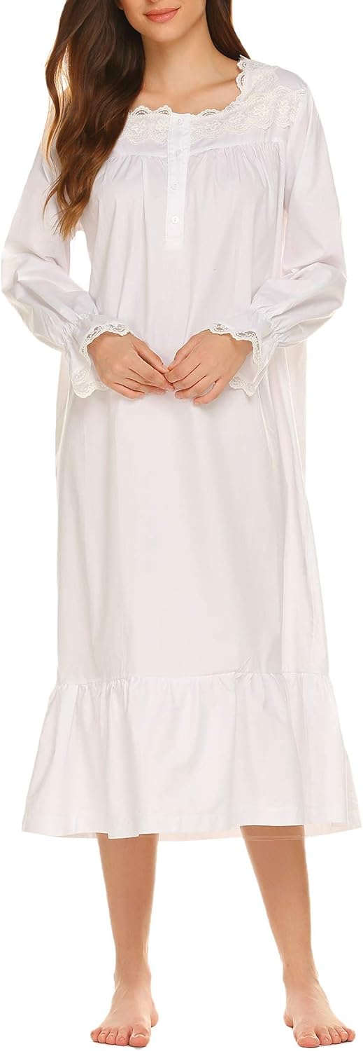 Ekouaer Sleepwear Victorian Nightgown Cotton Sleepshirt Long Sleeve Pajama Dress Vintage Loungewear for Women at  Women’s Clothing store
