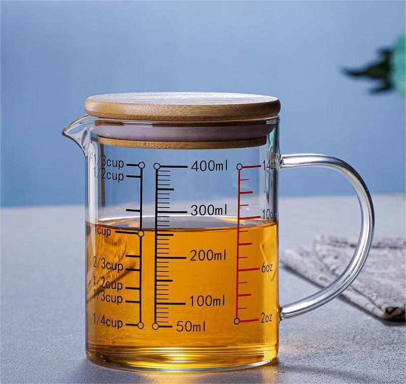 Uadme Glass Measuring Jug with Lid, Small Glass Measuring Jug with Lid with Airtight ＆Handle Pour Spout Clear Scale Mixing Beaker for Cooking Baking Measuring(400Ml)