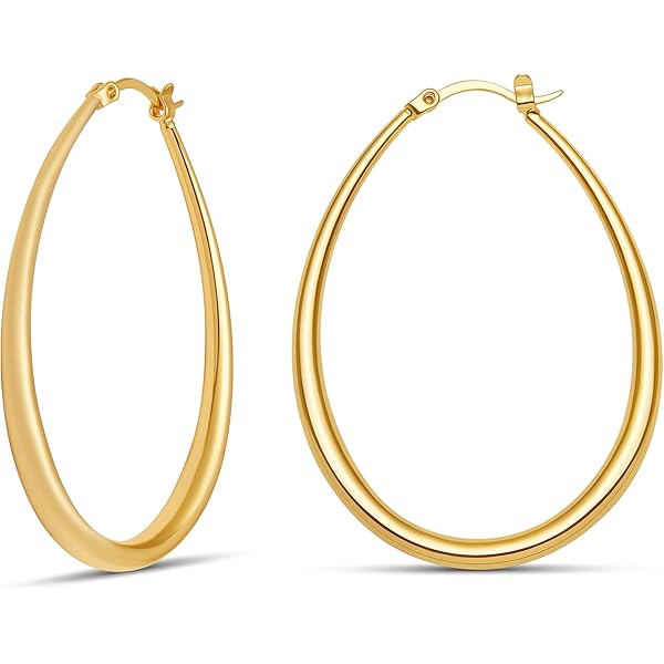 Vintage Oval Hoop Earrings For Women - Large Open Circle Huggie Earrings In Gold Tone