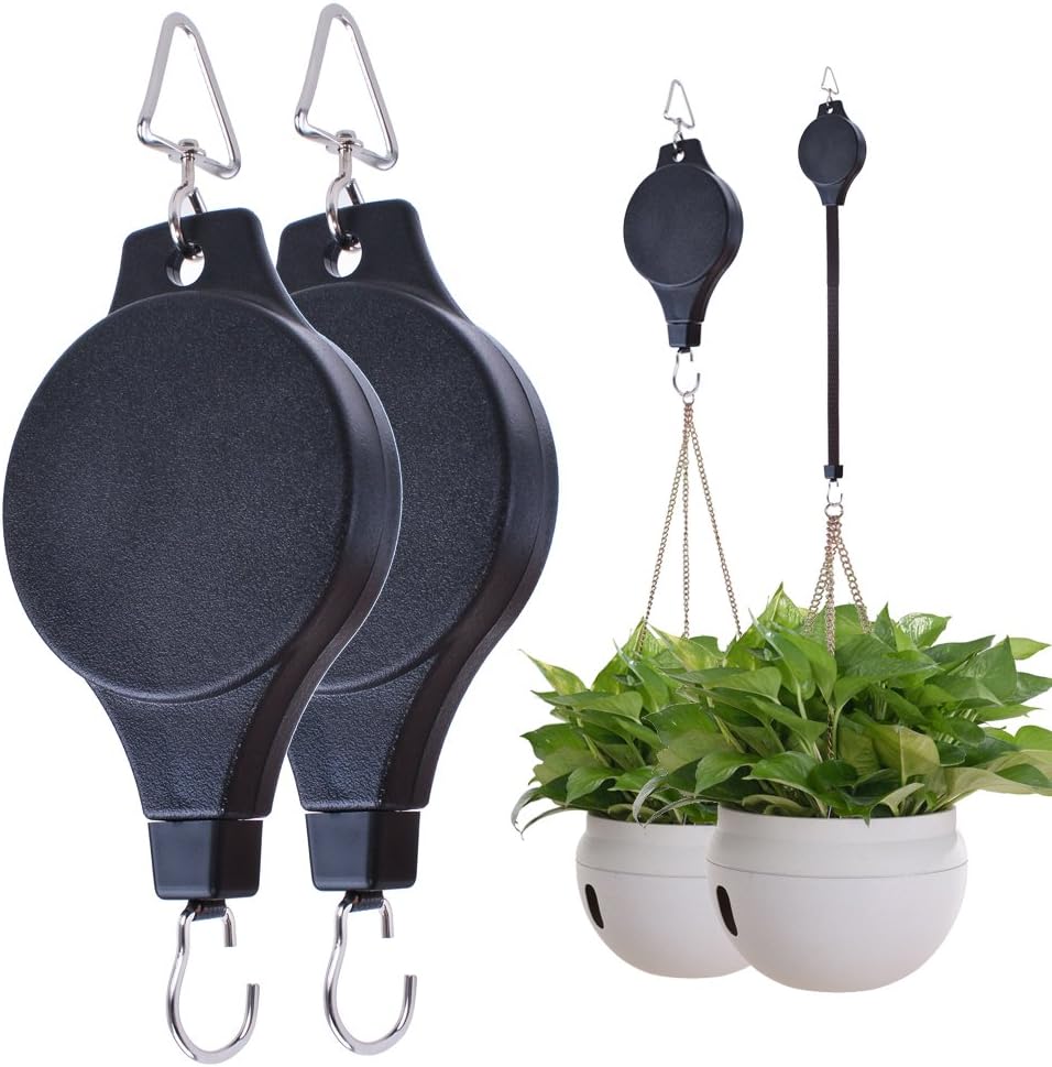 MEIWO Pull Down Hanger, 2 Packs Heavy Duty Easy Reach Adjustable Hanger Retractable Plant Pulley for Hanging Plants Pots, Flower Baskets, Birds Feeder