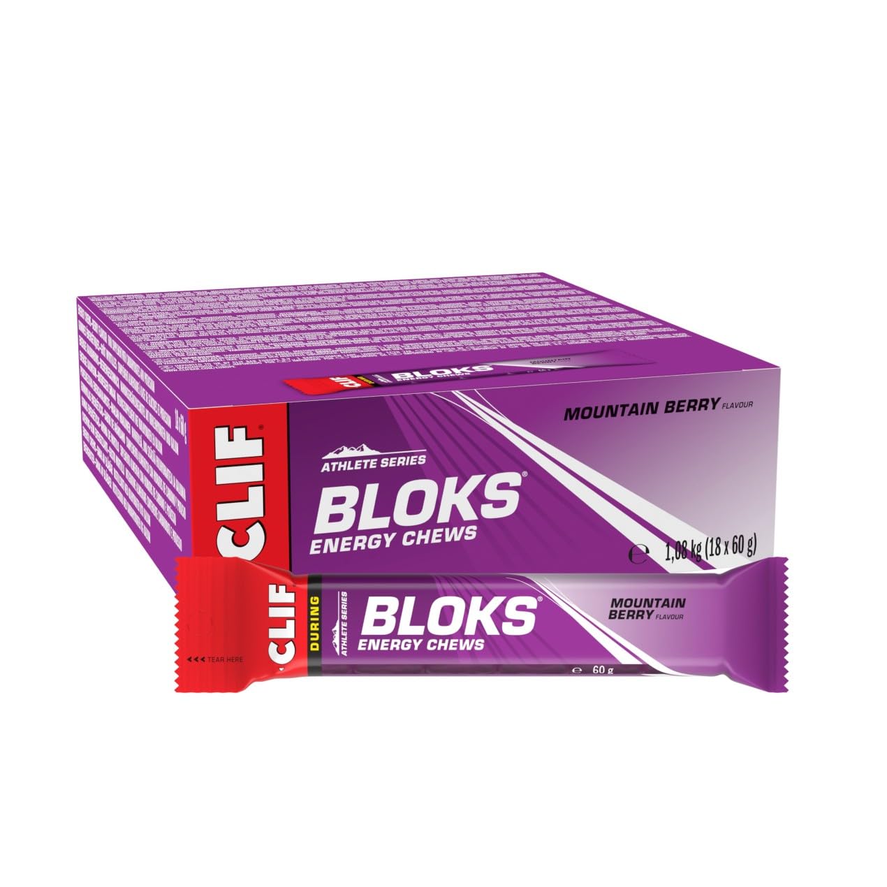 CLIF BLOKS Energy Chews | Mountain Berry | Plant Based | Quick Energy for Running, Cycling & Marathon Training | Endurance Workout Snack | 18 x 60 g