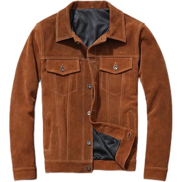 Men's Suede Leather Trucker Jacket Button Front Flap Pockets