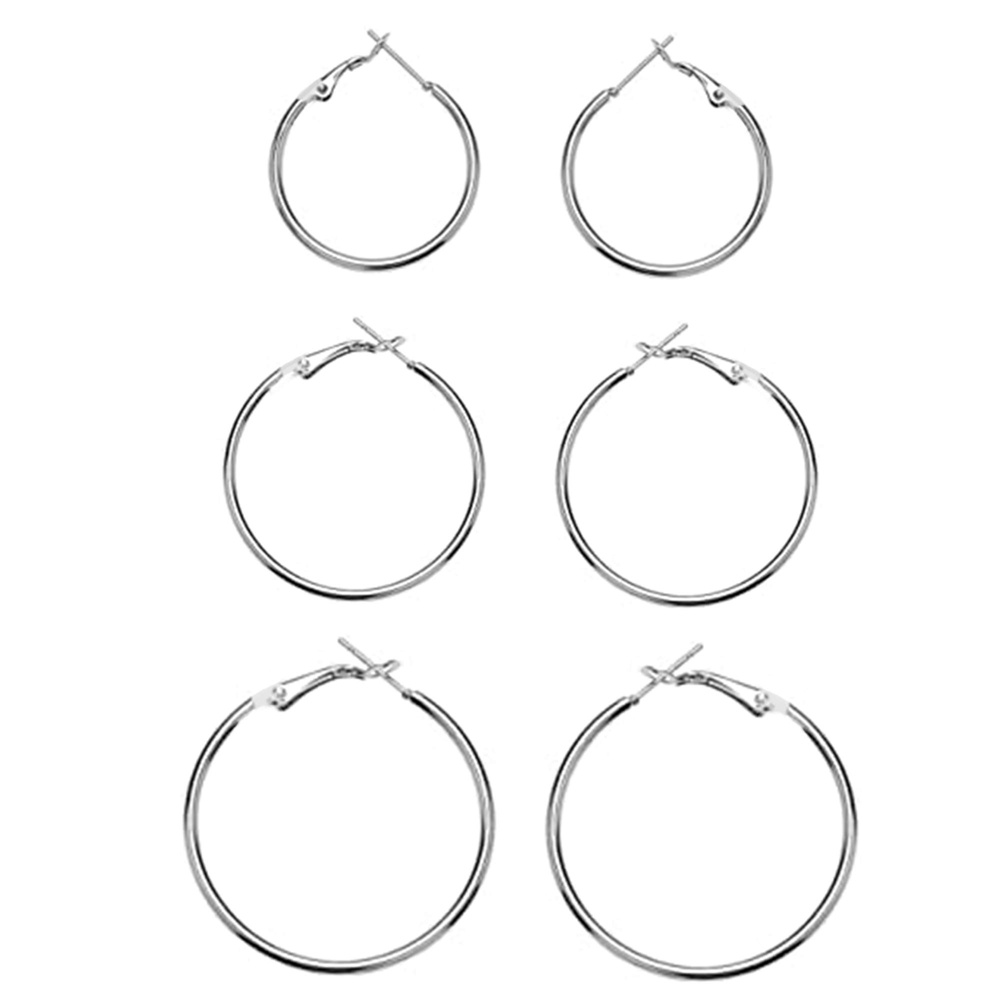 Charmsy 925 Sterling Silver Elegant Set of 3 Pairs 925 Sterling Silver BIG Hoop Clutchless Earrings for Women 40, 50 and 60 MM | Lightweight Silver Earrings Jewellery Gift for Women