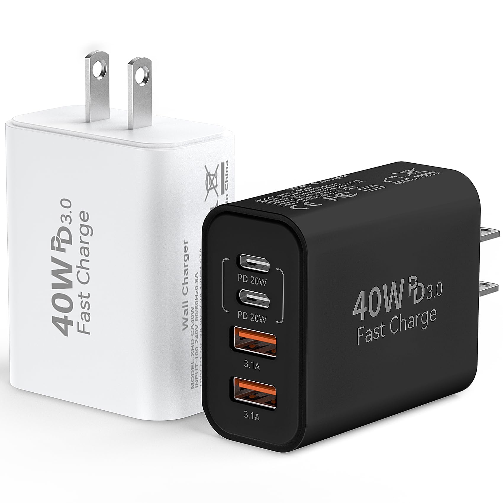 USB C Wall Fast Charger Block, 40W 4-Port Type C Chargers Fast Charging Blocks PD Power Charger Adapter+QC 3.0 USB Multiport Charger Brick for Phone 17/16/15/14/13/12 Pro Max, i-Pad, Galaxy S25-2Pack