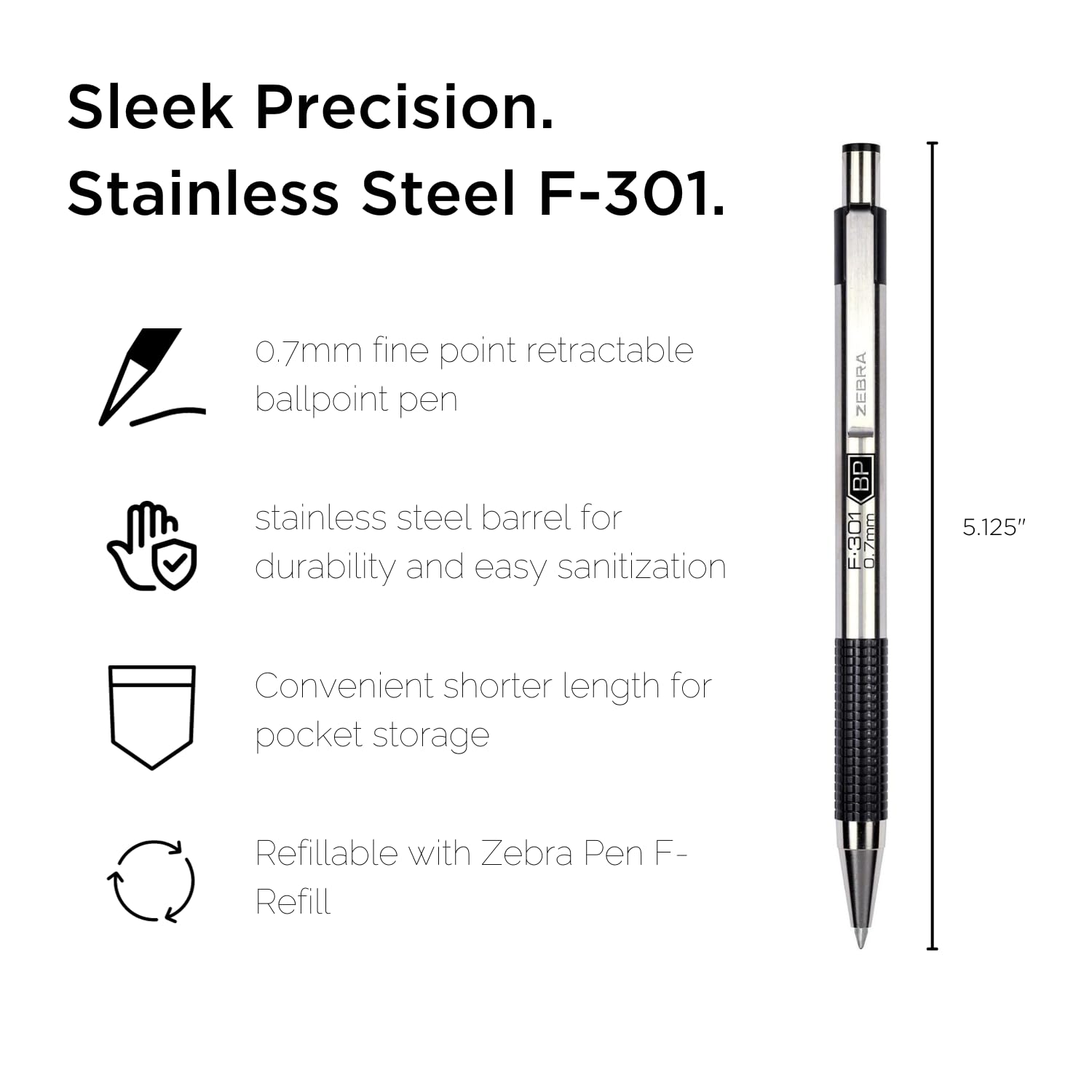 Zebra Pen F-301 Ballpoint Fine Point 0.7mm Black Ink Stainless Steel Retractable Ballpoint 4-Pack – Easy-Glide Ink, Non-Slip Grip, Metal Clip, Refillable with F-Refill, Professional Design (27114)