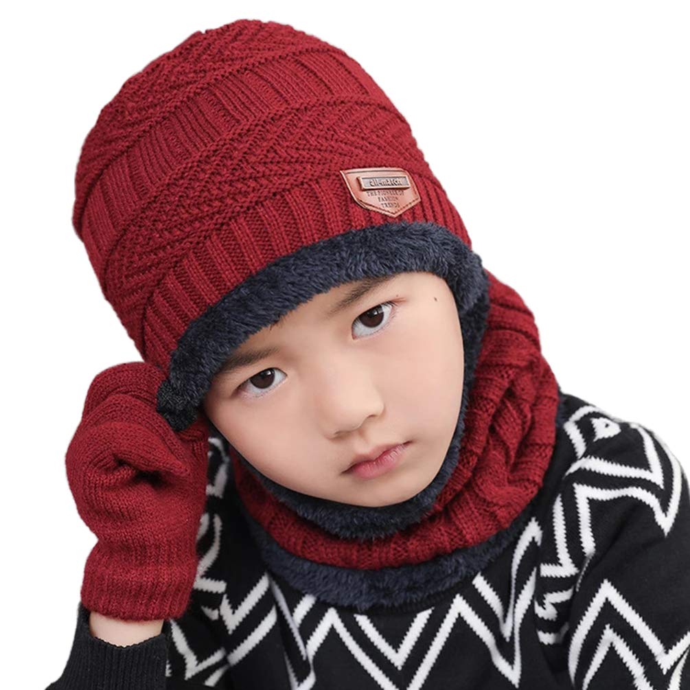 Gisdanchz Children Kids Winter Wooly Knitted Beanie Hats Wool Fleece Lined Theraml Warm Snood Neck Warmer Hat Scarf Gloves Set for Boys Girls Toddler Baby Age 5-14 Year Old, Burgundy
