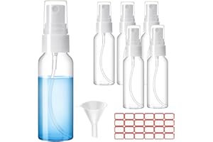 Zoizocp Spray Bottles, 2oz/50ml Clear Empty Fine Mist Plastic Mini Travel Bottle Set, Small Refillable Liquid Containers with 2pcs Funnels and 24pcs Labels (6 Pack)