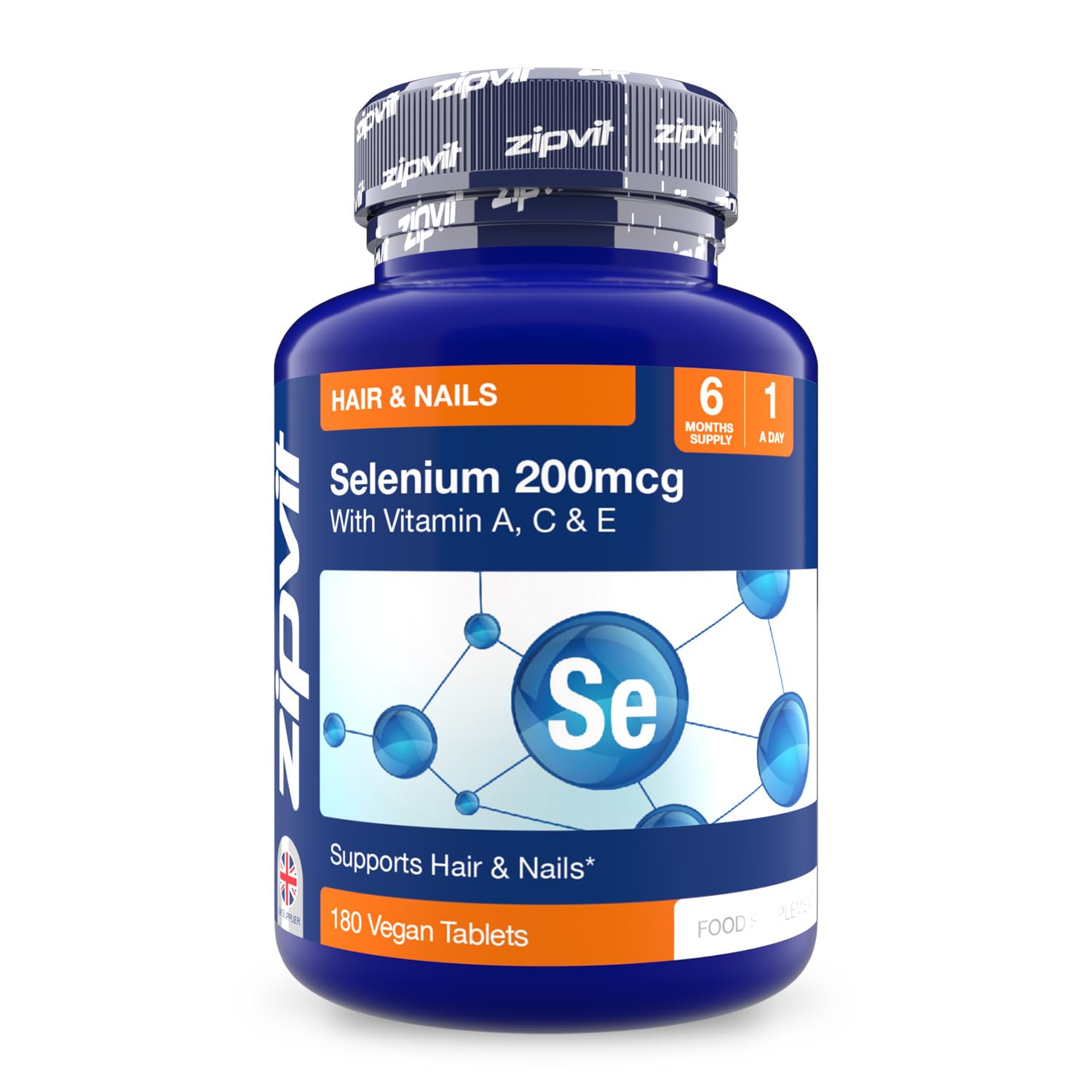 Zipvit Selenium 200mcg with Vitamins A, C, E. 180 Vegan Tablets. Supports Normal Thyroid, Skin, Hair & Nails, Immune System, and Antioxidant Protection. 6 Month Supply. UK Supplier.