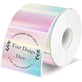 2x2 Inch Square Thermal Label Stickers, Holographic Square Direct Thermal Sticker Labels, Perforation Line Design- Holographic Rainbow Color