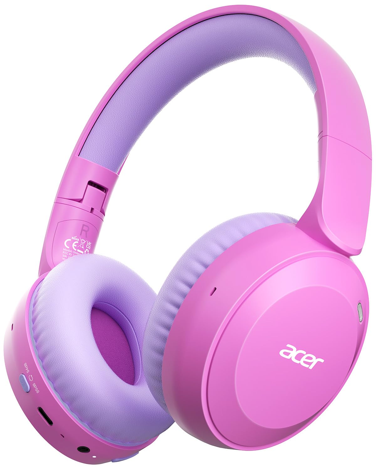 acer Kids Bluetooth Headphones, 85/94dB Volume Limiter, Foldable Wireless Over-Ear Headphones for iPad, Travel, 60H Playtime, Bluetooth 6.0, Built-in Mic, Pink