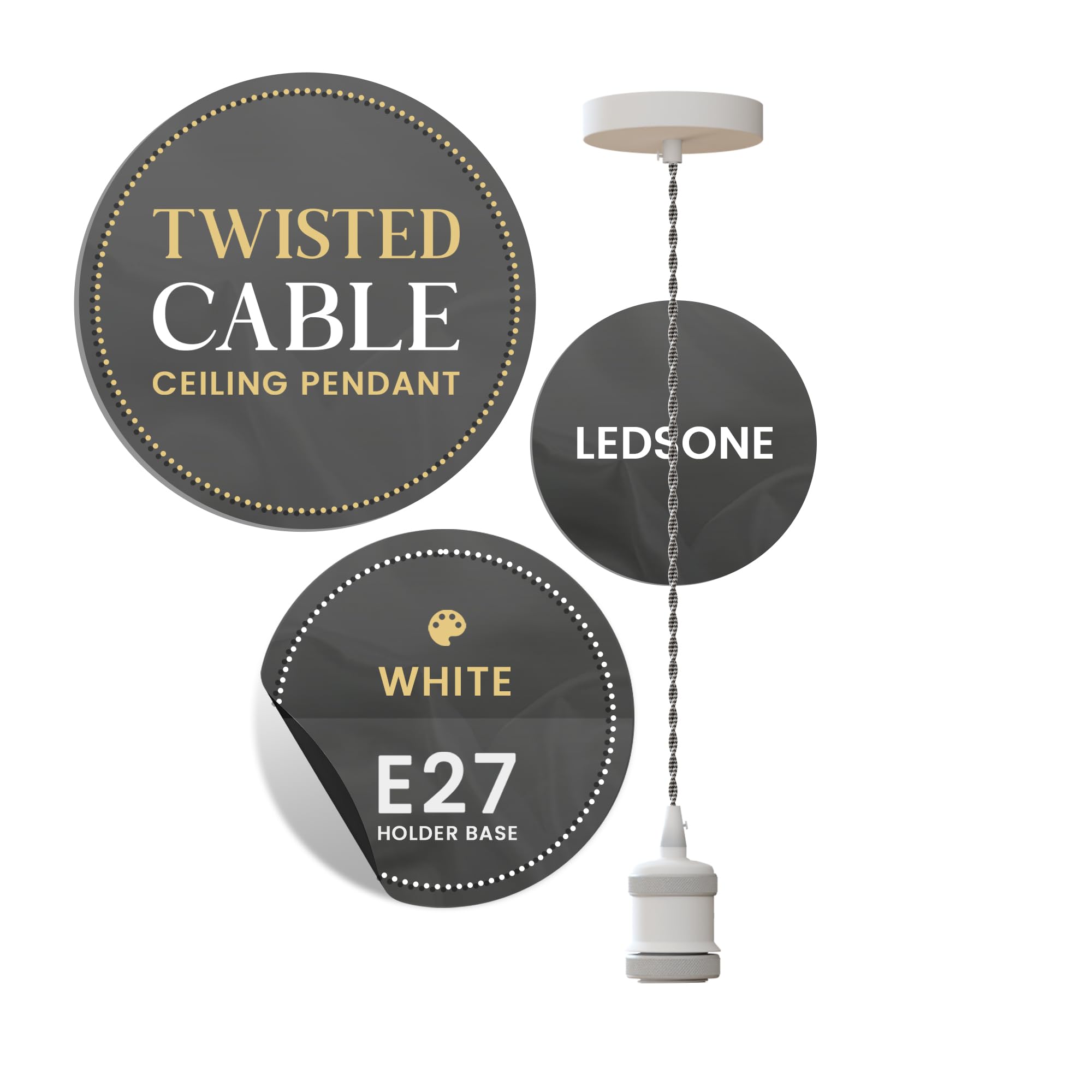LEDSone Vintage E27 Pendant Light Fitting with Black & White Twisted Braided Cable – Ceiling Lamp Holder for Kitchen Bar Loft