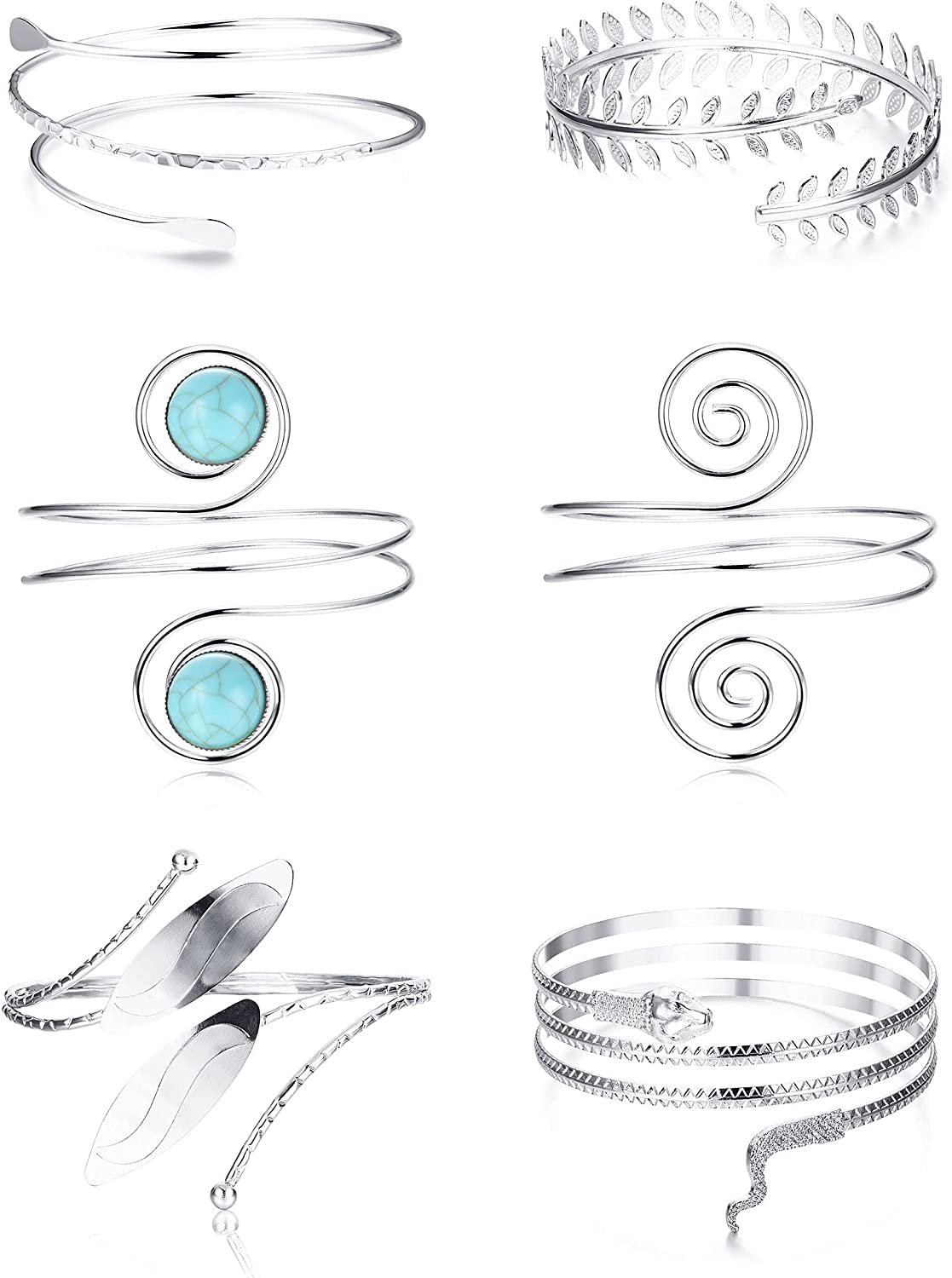 Finrezio 6PCS Arm Cuff Upper Armband Bracelets Adjustable Coil Armlet Arm Cuff Bracelet for Women Minimalist Gold Silver Bangle Bracelet Costume Jewelry