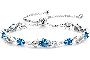 FANCIME Birthstone Teardrop Tennis Bracelet for Women, Sterling Silver 9x7mm main Gemstone Bolo Adjustable Chain Bracelet Fine Jewelry Birthday Gifts for Women Mom Wife Her