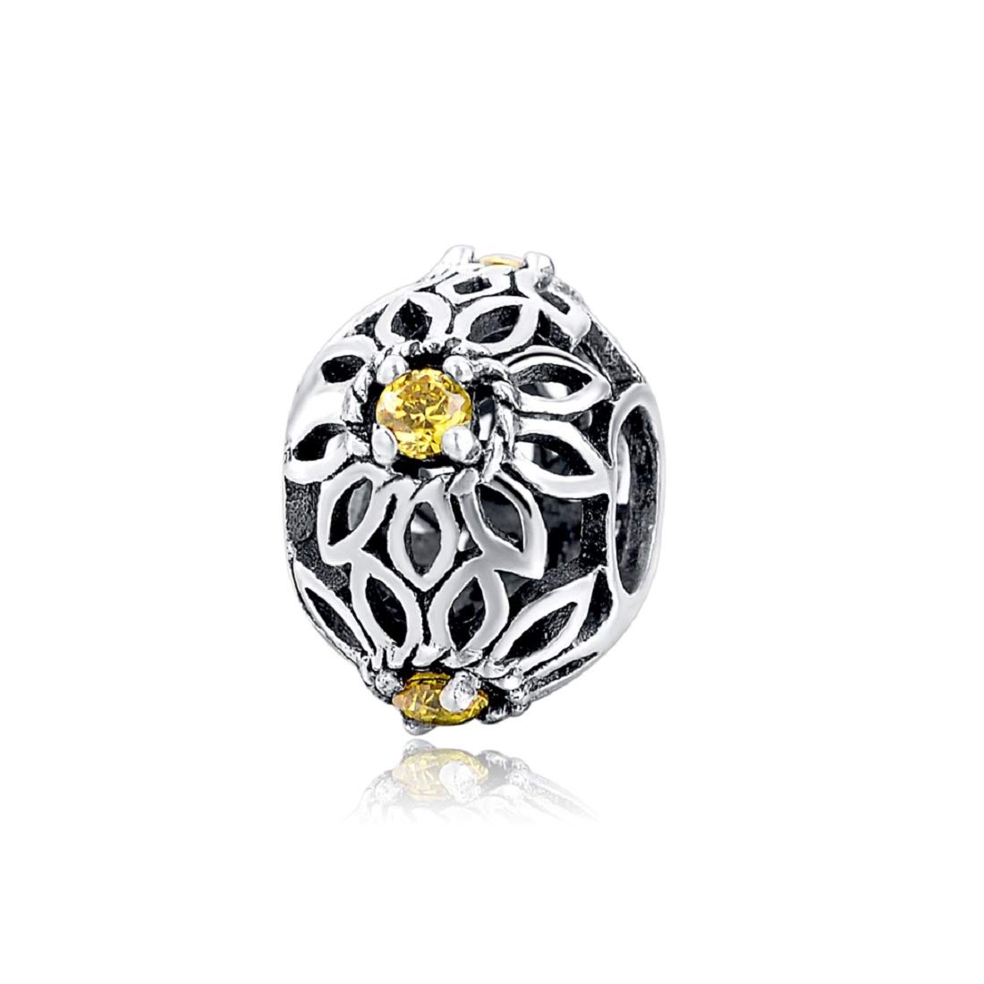 FeatherWish 925 Sterling Silver Vintage Retro Daisy Sunflower Flower Garden Bead Charm With Cubic Zirconia Fits And Compatible With Pandora Bracelets Gift Women Birthday Sister Mum Wife Friend