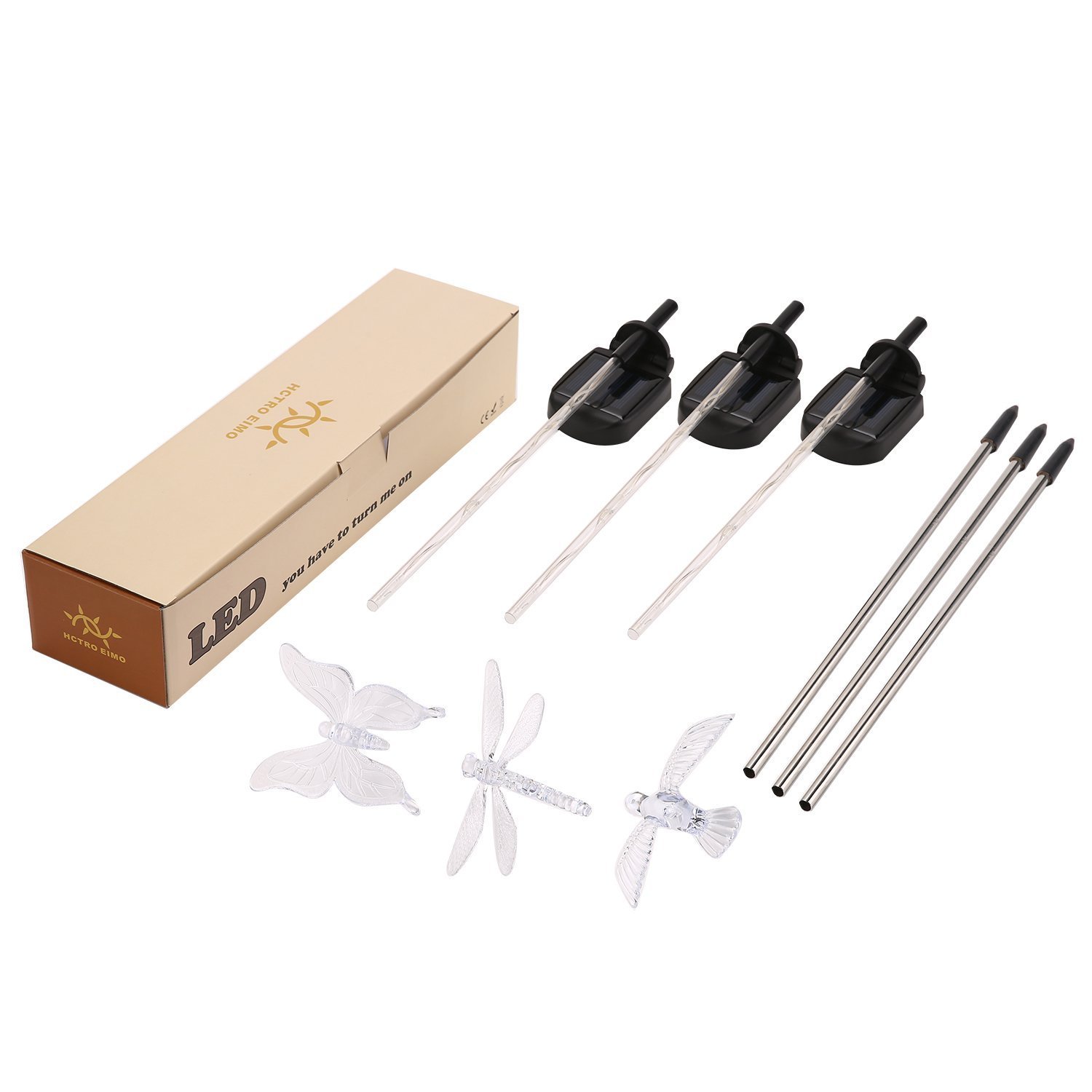 HCTro Solar Garden Lights, Crystal Upper Stake with Built in Multi Color Changing 3 LED, Hummingbird Butterfly Dragonfly, Solar Powered Lights, Outdoor Solar Lights for Patio Yard Fairy, 3 Pack