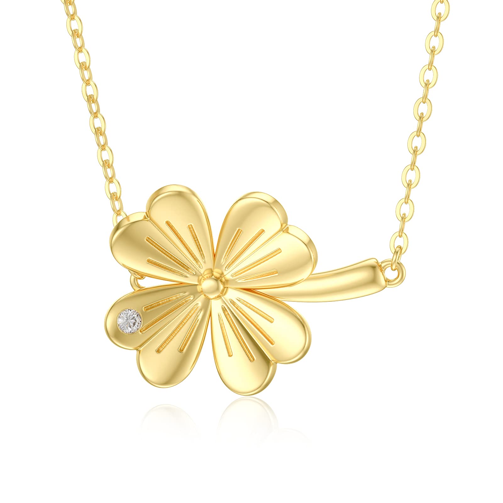 SISGEM 9 ct Gold Shamrock Necklace, Solid Yellow Gold Irish Four-Leaf Clover Sideway Necklace, for Women Girls Ladies Mum Sisters, 16"+1"+1"