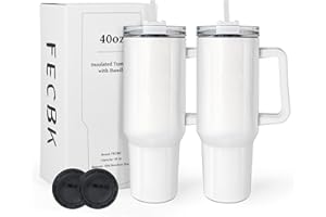FECBK 40 oz Sublimation Tumbler with Handle and Straw Keeps Cold for 34 Hours 2 Pack Stainless Steel Double Wall Vacuum Insulated Travel Mug Cup Tumblers Bulk Sublimation Blank White