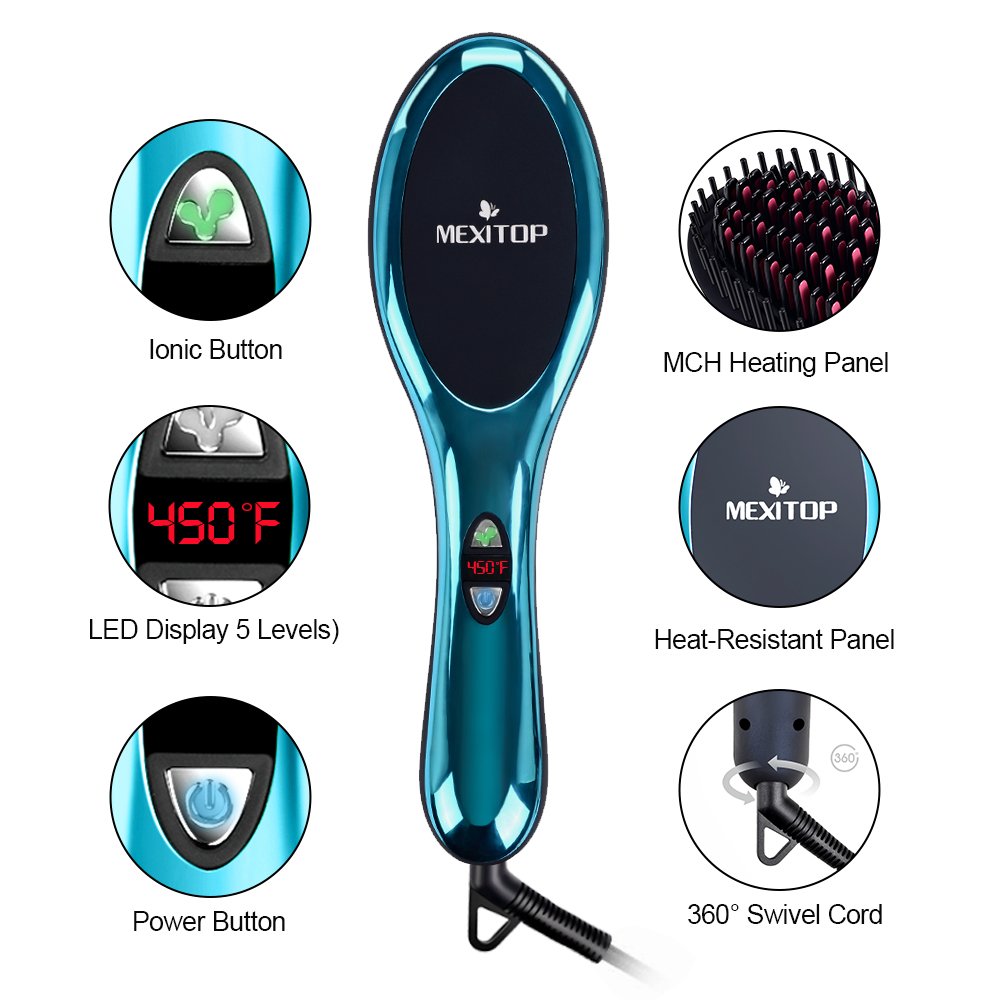 Ionic Hair Straightener Floating Brush for Silky Frizz Free Hair, Flexible Floating Massage Head Designed Anti-Scald Ceramic Straightening Hair Brush Comb + 4 Bonus Included (Mirror Blue)