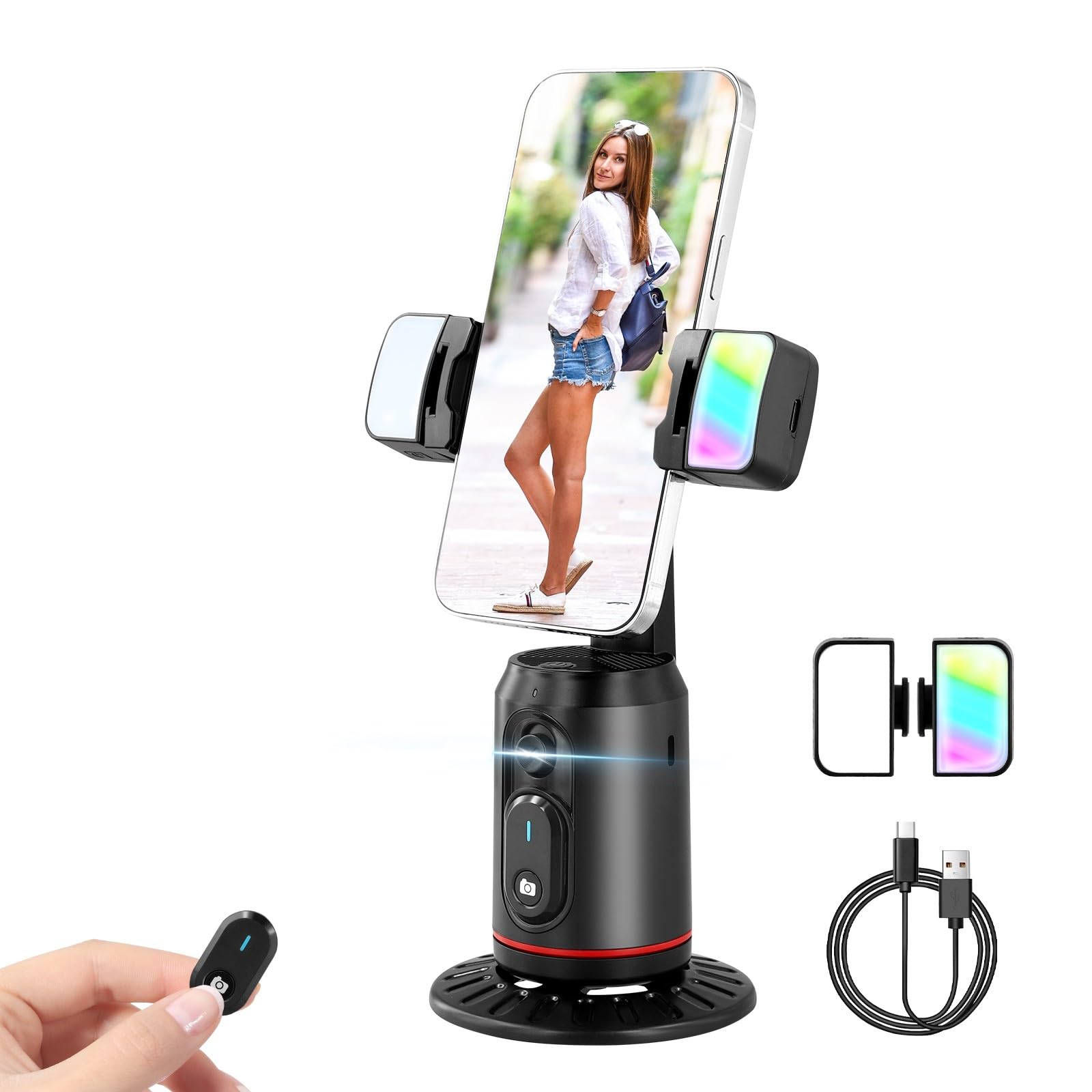 360° Rotation Auto Face Tracking Phone Holder with Bluetooth Remote and 2 Light, Live Auto Tracking Tripod No App Gesture Control, Phone Gimbal Stabilizer Stand Rechargeable for Ins Vlog Tiktok Live