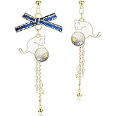 unixmoment Cute Dainty Enamel Cat Chain Bow Knot Animal Dangle Drop Earrings Pearl Tassel Moon Star Stud Earrings For Women
