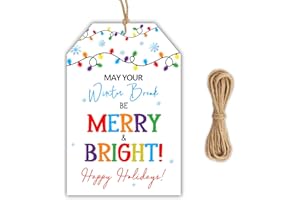 50 Pcs Merry & Bright Holiday Gift Tags with String, Colorful Winter Break Tags with Lights and Snowflakes, Happy Holidays fo