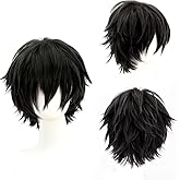 PORSMEER Men's Anime Short Black Cosplay Wig,Unisex Short Layered Synthetic Accessory Hair Wig+Hair Cap for Cosplay Halloween Costume
