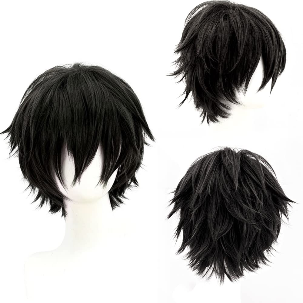 YEESHEDO Unisex Short Bob Anime Cosplay Wigs Full Natural Layer Straight Fluffy Hair Costume Party Fancy Dress Wig (Black)