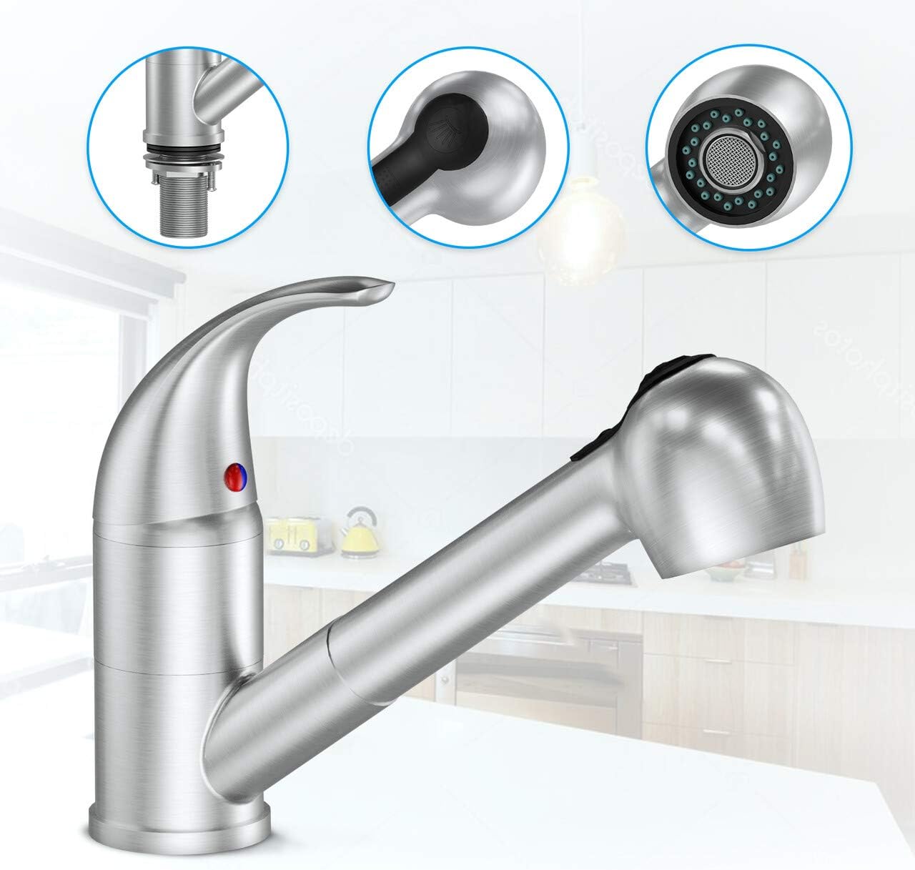 LEPO Kitchen Faucet Single Handle Low Arc Brushed Nickel Single Lever Pull Out Sprayer Kitchen Sink Faucet, Bar Sink Faucet with Deck Plate - - 