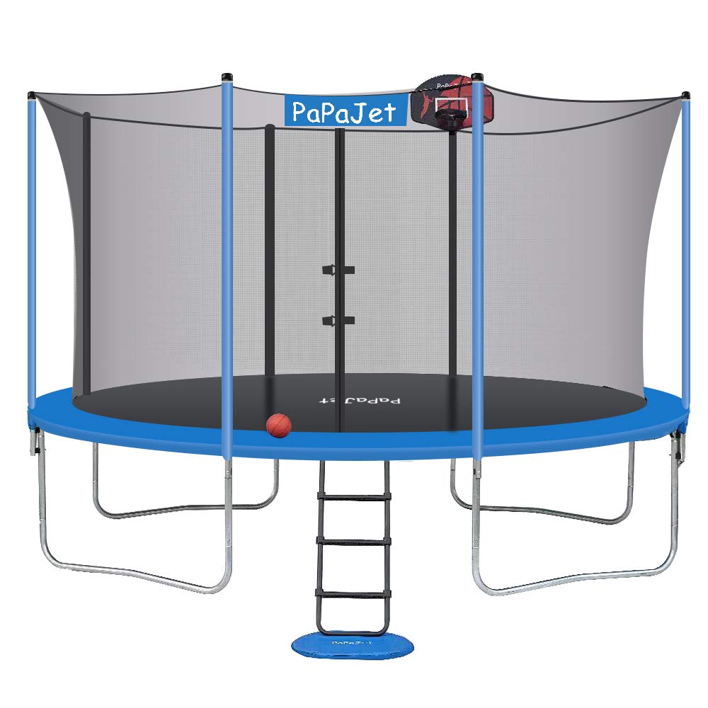 Papajet Trampoline 9x14FT 10x17FT Oval Trampolines for Kids with Safety Enclosure Net, Large Outdoor Backyard Trampoline TUV Certificated with Basketball Hoop, Ladder
