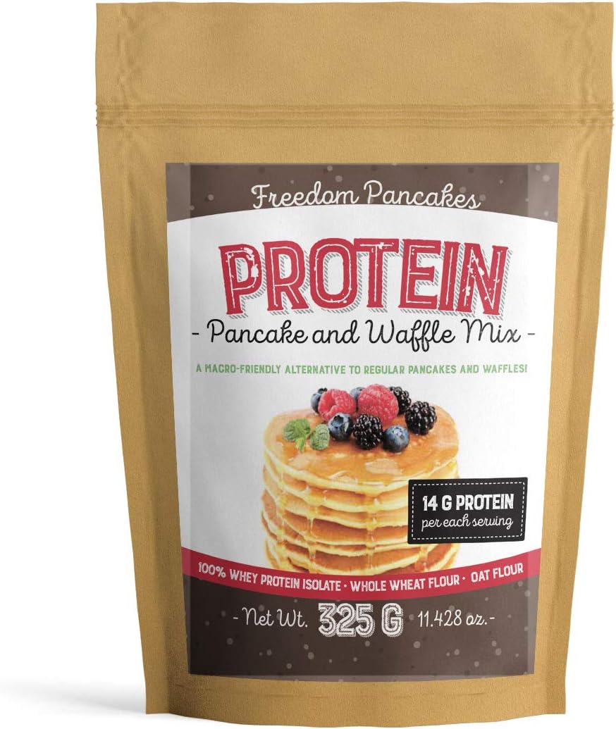 Protein Pancake & Waffle Mix - Freedom Pancakes. High-Protein, Low-Carb. 100% Whey Protein Isolate, Whole Grain Wheat Flour, Rolled Oats, Buttermilk Powder. Just Add Water. 1-Year Guarantee (305g).