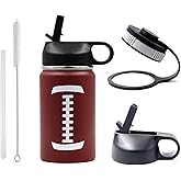 12 oz Football Water Bottle with Straw, Sports Flask Metal Travel Tumbler with 2 Lids, Stainless Steel Double Wall Vacuum Insulated Leak Proof Thermo Water Bottles, Football Gear Gifts for Boys Girls