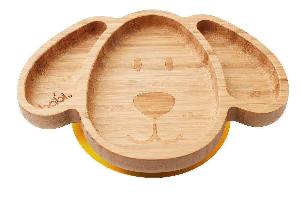 BABI® Baby Toddler Large Dog Plate, Natural Bamboo, with Stay Put Silicone Suction Ring (Yellow)