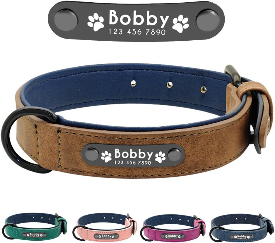 Didog Leather Custom Dog Collar,Engraved Dog Collars with Personalized Nameplate,Padded Custom Collar for Small Medium Large Dogs,Brown L Size