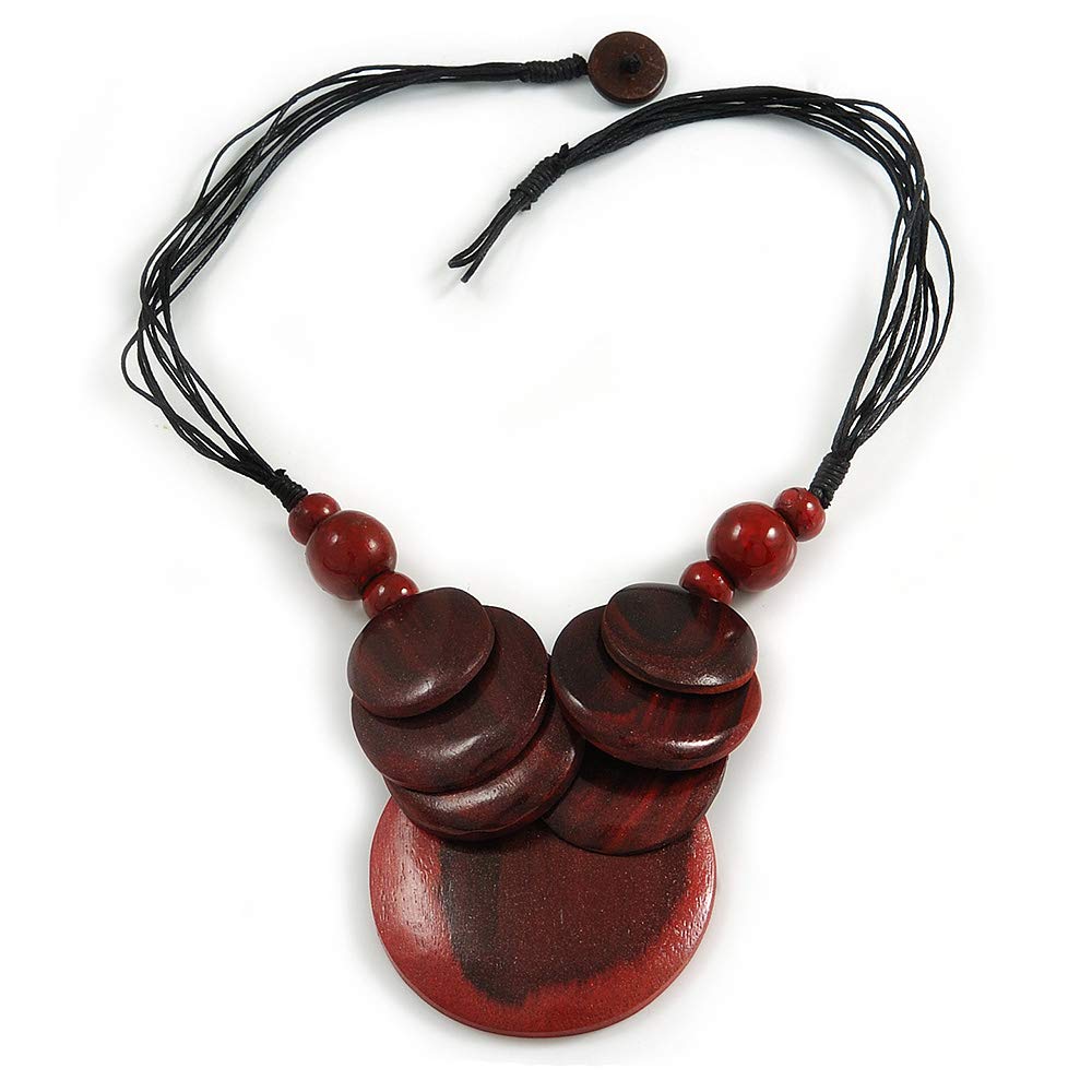 Avalaya Statement Ox Blood Wood Bead Pendant with Black Cotton Cords - 46cm L