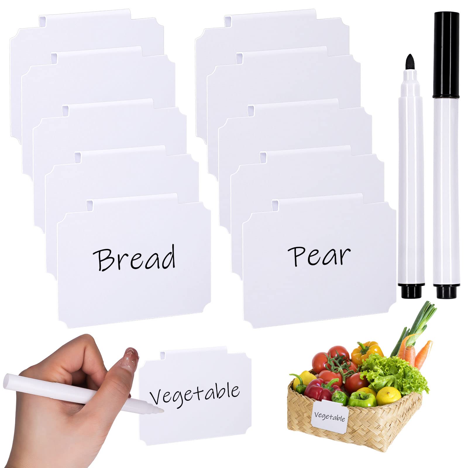 Vaktop Basket Labels Removable Clip Label Holder, 10 Pcs Chalkboard Labels Clips with 2 Pcs Marker Pen - for Storage Bins Shelf Organization Box Pantry Label Clip on (White)