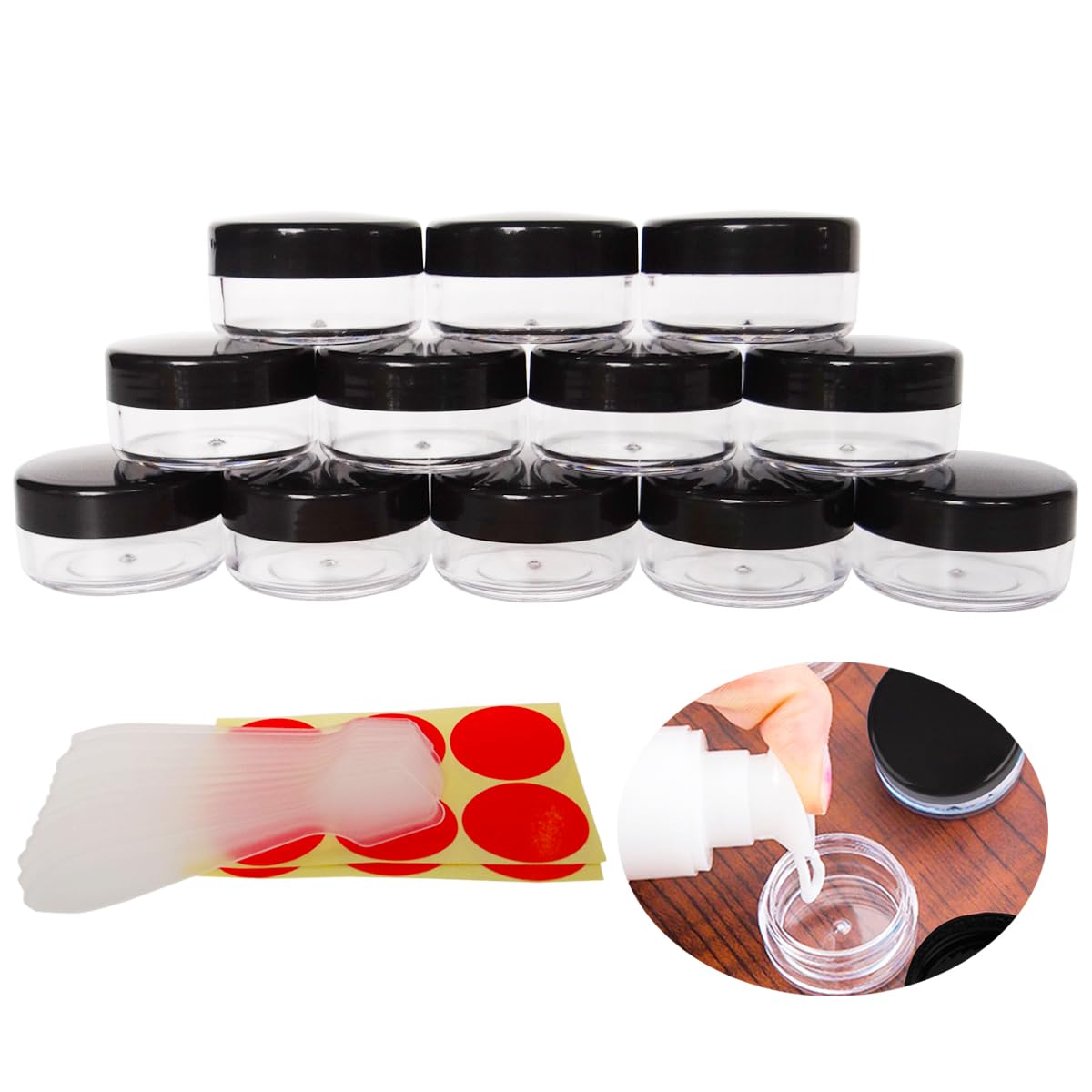 Wopanxye 12pack 10 Gram Small Clear Cosmetic Sample 10ml Empty Containers for Make-up Gifts, Eye-Shadow, Nails, Powder, Gems, Beads, Jewelry, Cream, 10g Pot Jars with Black Cap Lids, Free Spatulas