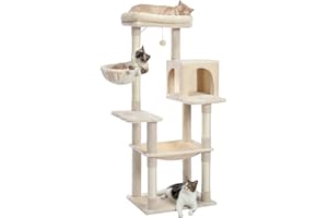 PETEPELA Cat Tree for Large Cats, 56.3" Multi-Level Cat Tower with Sisal Scratching Posts, Super Large Hammock(20"x17") and Top Cat Perch for Heavy Cats, Beige