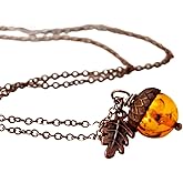 Enchanted Leaves - Orange and Copper Acorn Necklace - Orange Lucite Fall Acorn Pendant - Cute Nature Charm Necklace