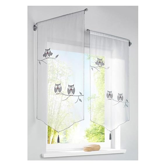 KOU-DECO Bistrogardine Weiss 2er Pack Transparente Voile Tunnulzug Raffrollo mit Eule Stickerei für Kinderzimmer (60x120cm)
