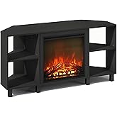 Furinno Jensen Fireplace TV Stand, NO Heat Decorative Electric Fireplace Corner TV Stand for TV up to 55 Inch, with 4 Open Shelves, for Living Room, Americano