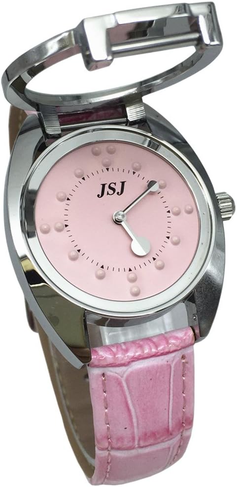 VSONEStainless Steel Tactile Watch for Blind People or Low Vision (Pink Leather Strap, Pink dial)