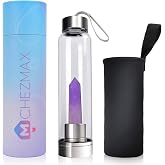 Crystal Glass Water Bottle - Amethyst Clear Infused Juice Container Tumbler | 18.6Oz, Natural Quartz Gemstone, Juice Container with Lid Sleeve, Changeable Center Removable Bottom, Moon Water Jar