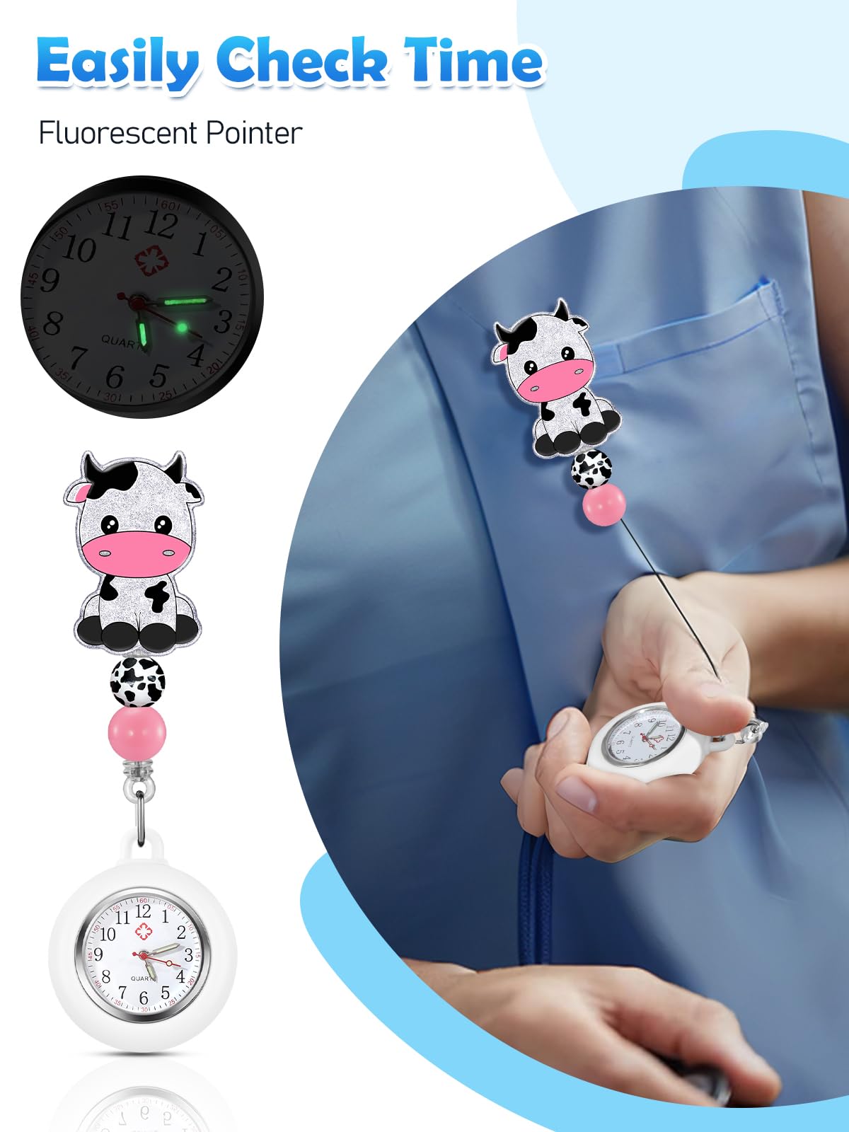 Plifal Nurse Watch Nursing Pocket Badge Fob with Second Hand - Retractable Clip On Clock with Secondhand for Medical Staff Women Men